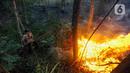 Petugas keamanan memadamkam api yang membakar lahan hutan kota di kawasan Perumahan Batan Indah, Tangerang Selatan, Banten, Senin (9/10/2023). (merdeka.com/Arie Basuki)