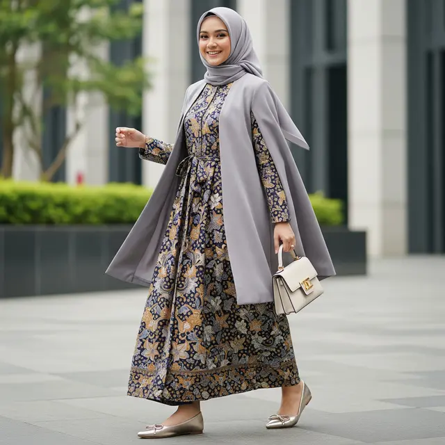 Tren Gamis Batik Hijab dengan Outer Rompi
