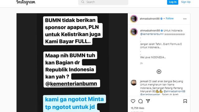 Ahmad Sahroni selaku Ketua Panitia Pelaksana Formula E Jakarta menyinggung BUMN