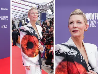 Foto kolase Cate Blanchett saat menghadiri pemutaran perdana film 'Guillermo del Toro's Pinocchio' selama Festival Film London 2022 di London, Sabtu, 15 Oktober 2022. (AP Photo)