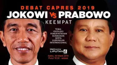 Komisi Pemilihan Umum (KPU) kembali menggelar debat keempat Pilpres 2019 pada Sabtu 30 Maret 2019. Debat yang hanya menghadirkan capres Jokowi dan Prabowo Subianto ini akan disiarkan Liputan6.com secara live streaming.