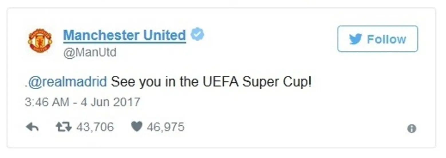  Ucapan selamat untuk Real Madrid yang dipost di Twitter MU. (Twitter)