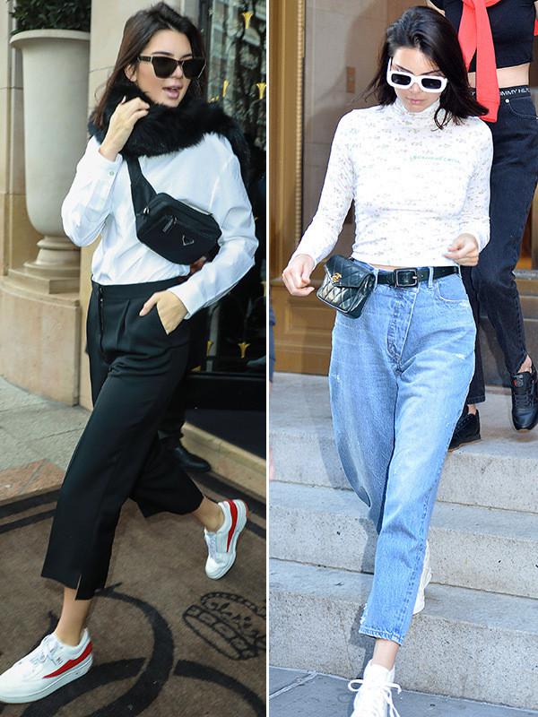Kendall Jenner bergaya casual dengan tas fanny pack/hollywoodlife.com.