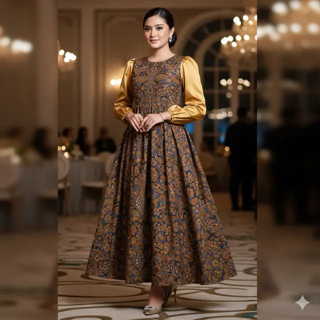 Model Long Dress Batik Kombinasi Satin yang Lagi Tren