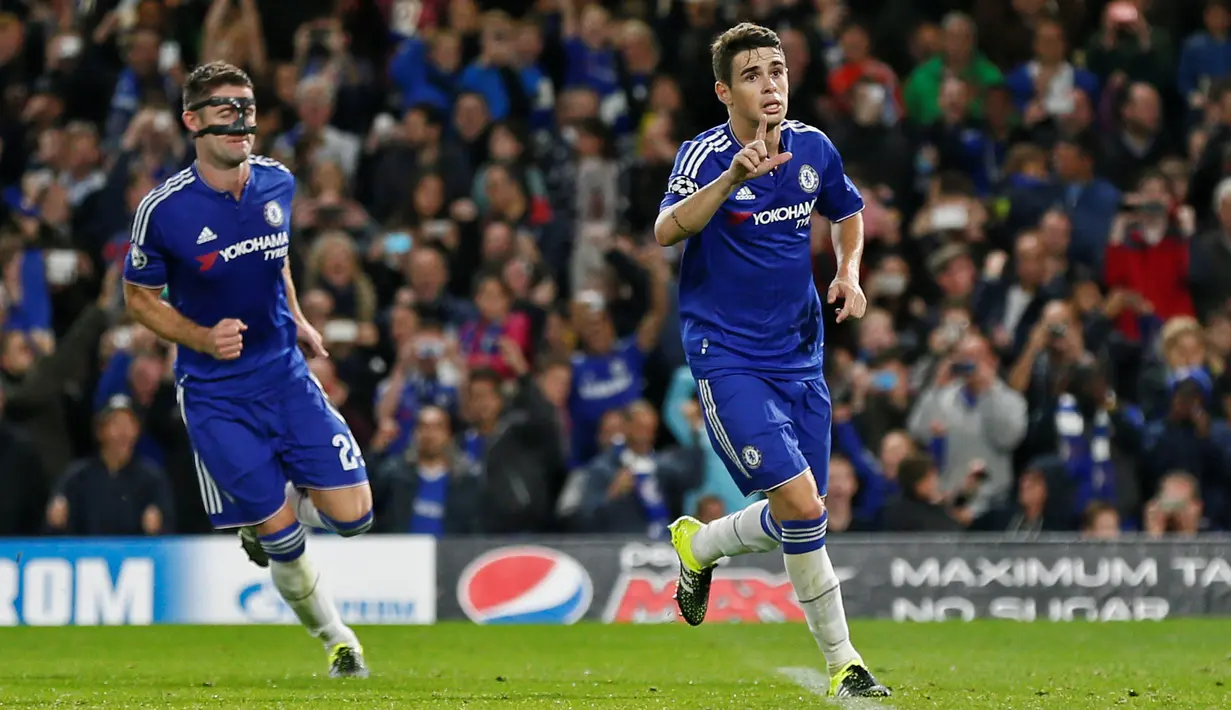Ekspresi pemain Chelsea, Oscar, setelah mencetak gol kedua Chelsea ke gawang Maccabi Tel-Aviv pada laga grup Liga Champions, di Stamford Bridge, London, Kamis (17/9/2015) dini hari WIB. (Reuters/Stefan Wermuth)