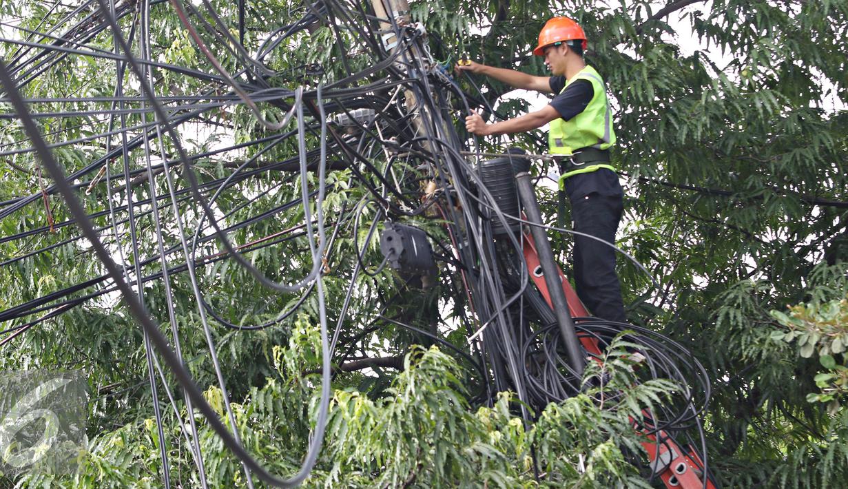 Petugas PLN mengecek instalasi kabel di tiang listrik milik PLN, Jakarta (26/2). Mulai 28 Februari 2016, PLN berencana membongkar perangkat atau jaringan telematika yang memanfaatkan tiang listrik di Jakarta tanpa izin. (Liputan6.com/Immanuel Antonius)