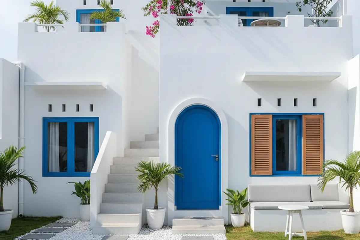 Desain Rumah Type 36 Ala Villa Santorini dengan Sentuhan Putih Biru