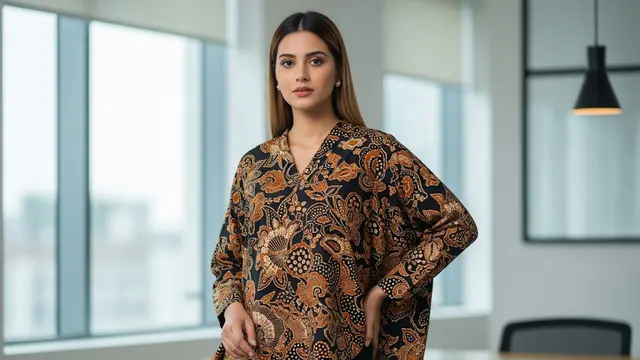 Batik Batwing Lengan Panjang dengan Detail Kerah Modern