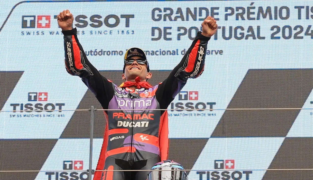 Akhirnya, Jorge Martin menjadi yang tercepat dalam MotoGP Portugal 2024 dengan catatan waktu 41m 18.138s. (PATRICIA DE MELO MOREIRA/AFP)
