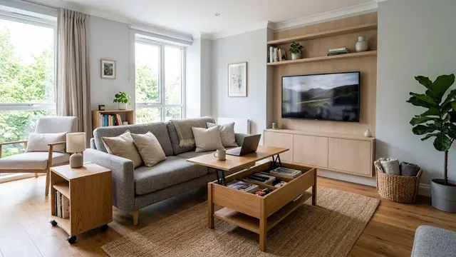 Ruang Keluarga Kontemporer dengan Furnitur Multifungsi