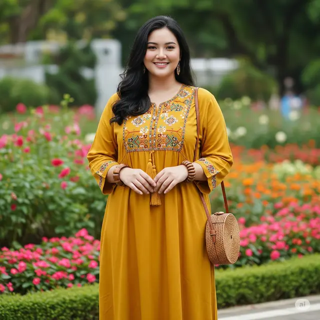 Gamis Bohemian Mustard dengan Ornamen Etnik