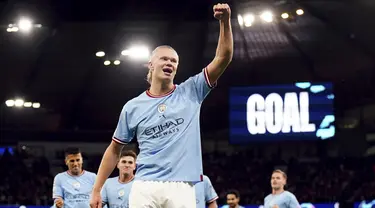 Penyerang Manchester City Erling Haaland berselebrasi setelah mencetak gol ke gawang Copenhagen dalam matchday ketiga Grup G Liga Champions 2022/2023 di Etihad Stadium, Kamis (6/10/2022) dini hari WIB. Manchester City berpesta saat menjamu FC Copenhagen di Liga Champions. (Nick Potts/PA via AP)