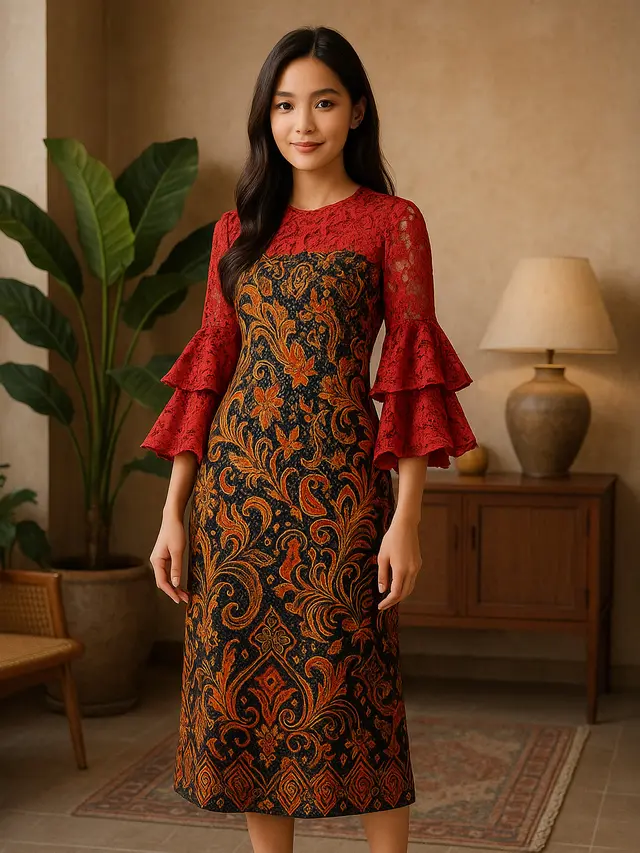 Model Batik Brokat Kombinasi Lengan Lonceng Tiga Lapis