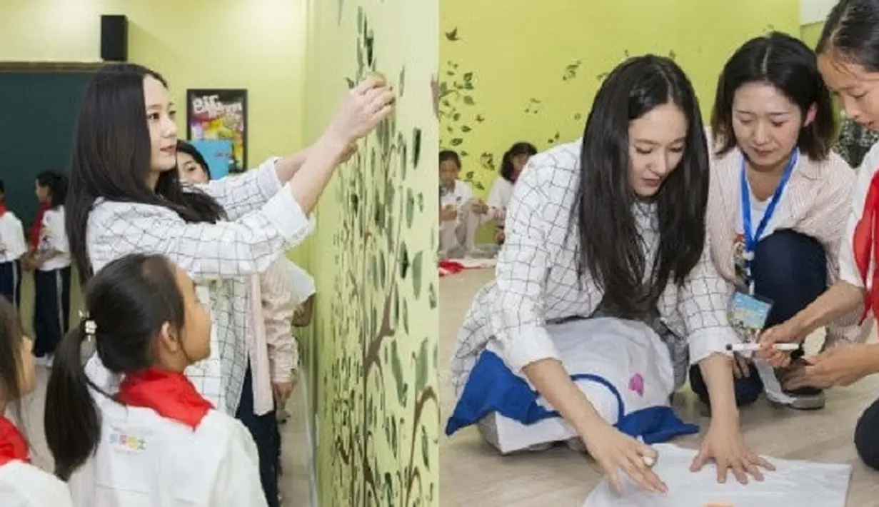 Melalui akun Twitter resminya, SM Entertainment membagikan momen-momen saat Krystal melakukan kegiatan amal di sekolah dasar Yongchan di Yunnan, Tiongkok. (Foto: soompi.com)