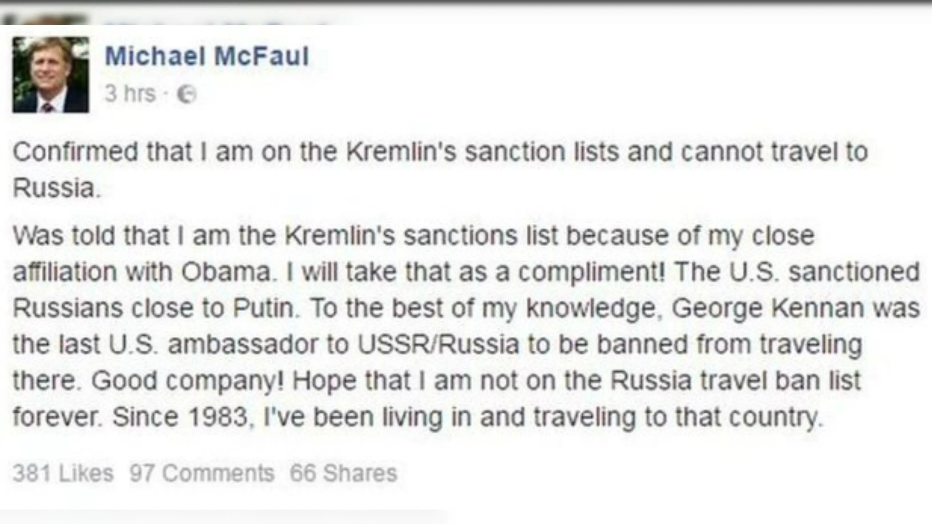 Postingan eks dubes AS untuk Rusia yang dicekal masuk Negeri Beruang Merah. (Facebook)