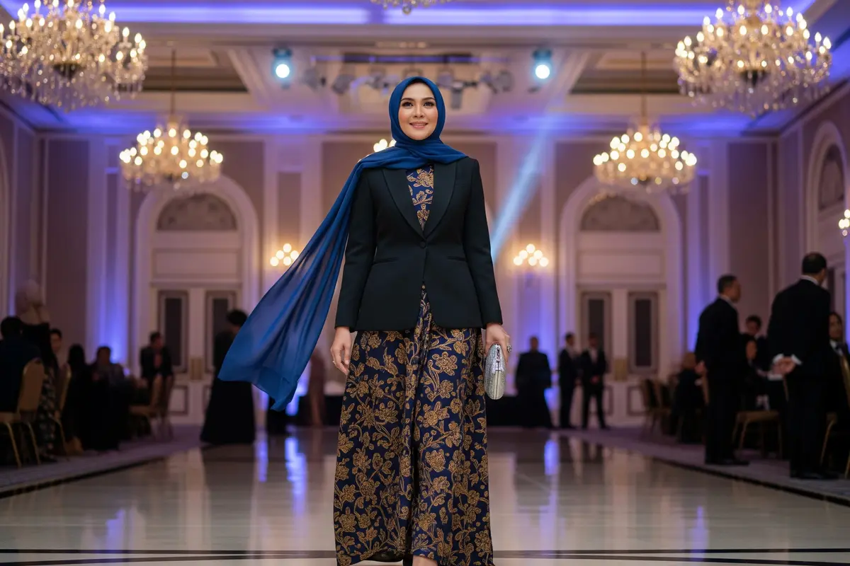 Model Gamis Batik Kombinasi Blazer Polos Formal untuk Acara Resmi