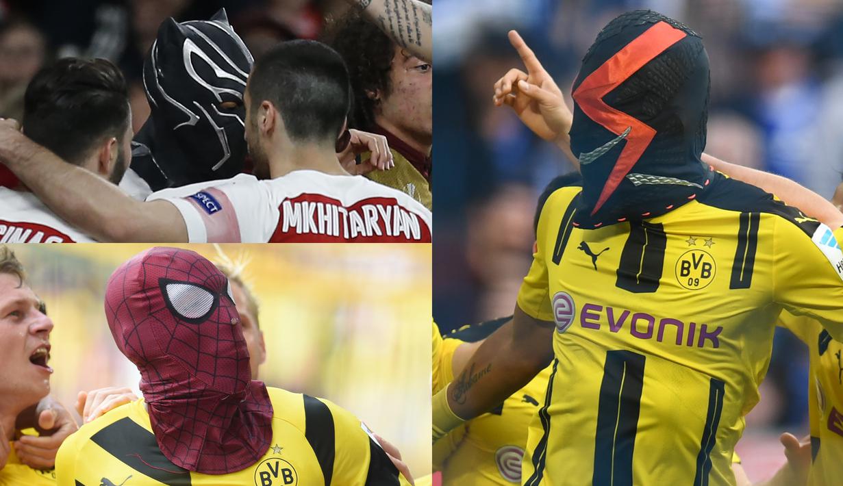 Penyerang Arsenal Aubameyang menarik perhatian dunia sepak bola. Hal tersebut terjadi tak hanya dari keganasan Auba dalam mencetak gol namun dari cara selebrasi pemain binaan AC Milan tersebut mengenakan topeng karakter Marvel. (Kolase Foto AFP)