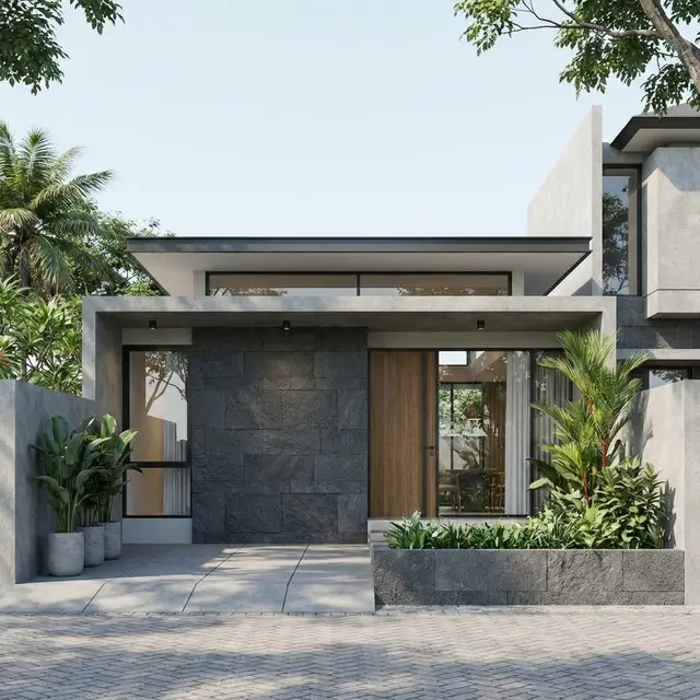 Rumah minimalis dengan teras Batu Andesit (Gemini AI)