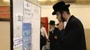Pria Yahudi ultra-Ortodoks melihat daftar kandidat sebelum memberikan suaranya selama pemilihan parlemen Israel di Yerusalem (9/4). Warga Israel hari ini memberikan suara dalam pemilihan tingkat tinggi yang akan memutuskan masa jabatan PM Benjamin Netanyahu. (AFP Photo/Menahem Kahana)