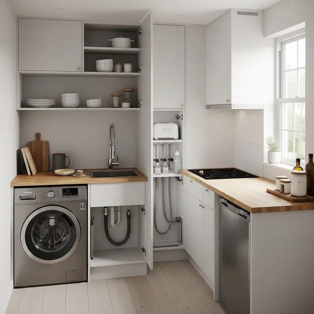 Desain Dapur Kecil dan Area Laundry dalam Satu Ruang