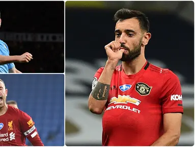 Performa Bruno Fernandes bersama Manchester United di Premier League memang tidak diragukan lagi, pemain asal Portugal ini mampu membawa perubahan bagi lini tengah Manchester United. Berikut Bruno Fernandes dan 5 gelandang tangguh di Premier League. (kolase foto AFP)