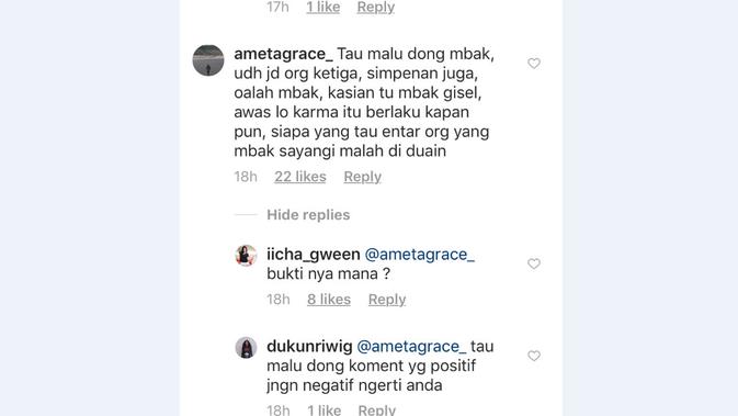 Icha Gween membalas komentar seorang warganet yang menuduhnya menjadi orang ketiga rumah tangga Gading dan Gisel (Instagram/ @iicha_gween)
