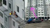 Lima wanita terekam nongkrong di tepi lantai 6 apartemen. (Facebook/Halim Selamat)