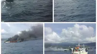 Kapal cepat terbakar di Laut Halmahera, Maluku Utara, Sabtu (15/10/2016). (Liputan6.com/Hairil Hiar)
