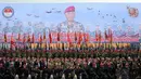 Menteri Pertahanan Jenderal TNI Purnawirawan Ryamizard Ryacudu berfoto bersama dengan prajurit Korps Marinir, Jakarta, (9/12/2014). (Liputan6.com/Helmi Fithriansyah)