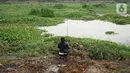 Warga memancing di Setu Pengarengan yang dipenuhi eceng gondok di kawasan Depok, Jawa Barat, Selasa (8/10/2019). Tidak kunjung dibersihkan menjadi penyebab seluruh permukaan setu tersebut dipenuhi tanaman eceng gondok. (Liputan6.com/Immanuel Antonius)