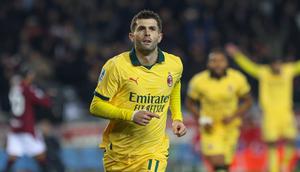 Selebrasi pemain sayap AC Milan, Christian Pulisic usai mencetak gol ke gawang Torino di lanjutan Liga Italia, 9 Desember 2025. (Tano Pecoraro/LaPresse via AP)