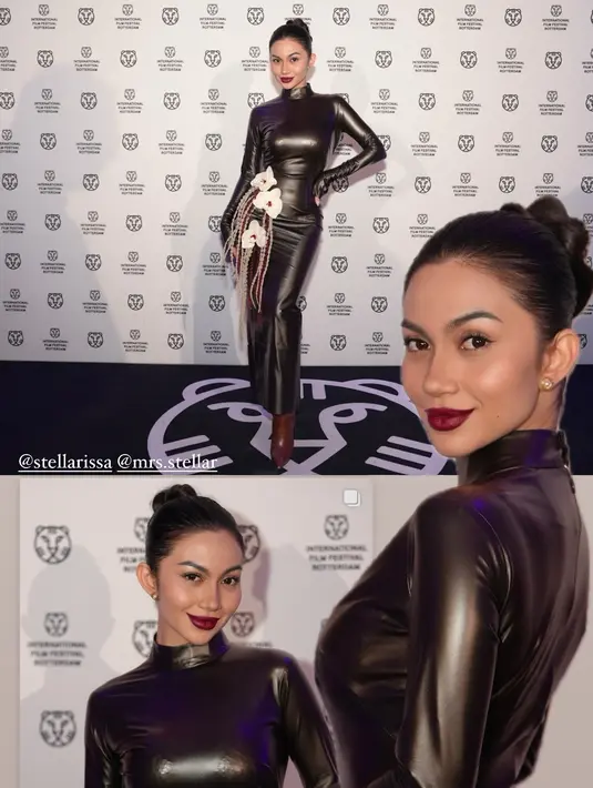 Gaun ini memiliki desain high-neck dengan lengan panjang yang memberikan kesan sophisticated. Detail paling mencuri perhatian adalah aksen bunga anggrek putih yang terletak di pinggang, dihiasi dengan untaian manik-manik yang menjuntai indah. [@arieltatum].