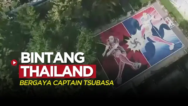 Thumbnail cover video lukisan bintang Timnas Thailand dengan gaya manga Captain Tsubasa (Foto: capture video SNTV)