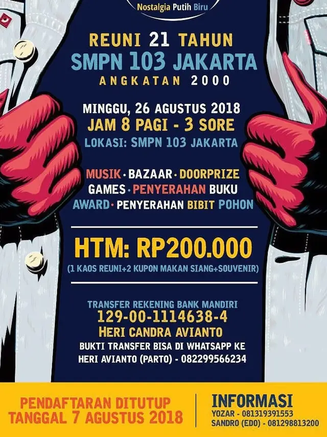 Acara Temu Seru Angkatan Dua Ribu, Nostalgia Putih Biru, akan digelar Minggu 26 Agustus 2018 di  SMPN 103 Jakarta.