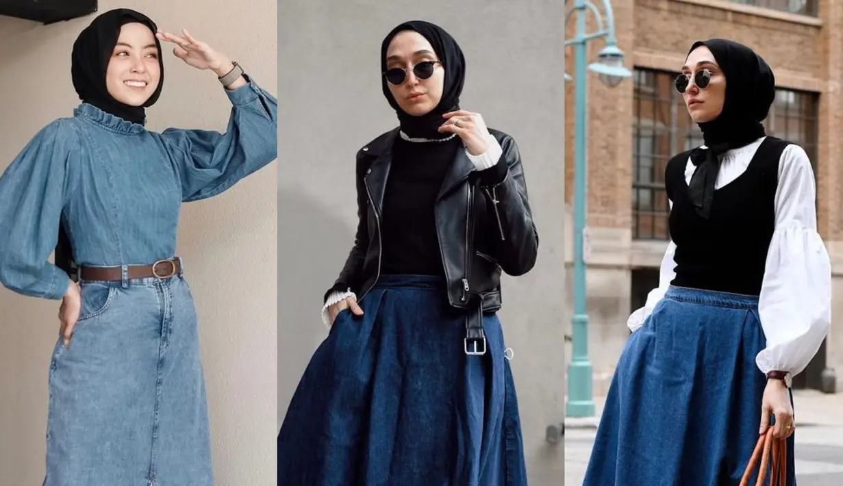 Intip referensi padu padan hijab dengan rok jeans berikut ini untuk inspirasi OOTD yang kece. (Instagram/meiraniap/elifd0gan).
