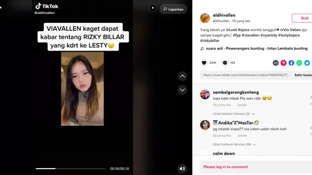 Ekspresi Kaget Via Vallen Viral Saat Pertama Kali Tahu Kabar Lesti Jadi Korban KDRT oleh Rizky Billar. (TikTok @aldhivallen)