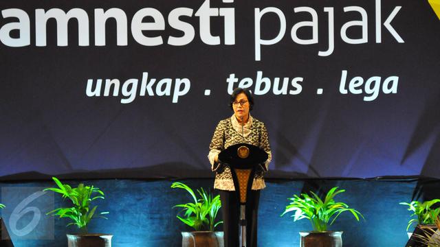 <span>Menteri Keuangan Sri Mulyani memberikan sambutan saat farewell atau perpisahan dengan program pengampunan pajak atau tax amnesty di Jakarta, Selasa (28/2). Penerimaan tax amnesty hingga hari ini telah mencapai Rp 112 triliun.(Liputan6.com/Angga Yuniar)</span>