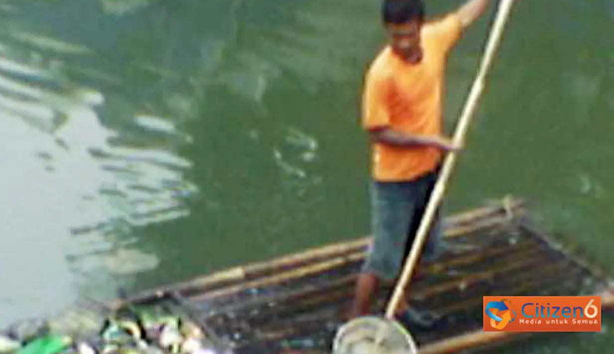 Citizen6, Jakarta: Masyarakat sekitar membantu membersihkan sampah yang menggenang di sungai tersebut. (Pengirim: Teguh Ardiyanto)