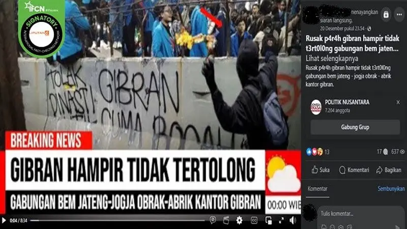 Video yang diklaim kantor Gibran Rakabuming Raka dirusak oleh gabungan BEM Jawa Tengah dan Yogyakarta. (sumber: Facebook)