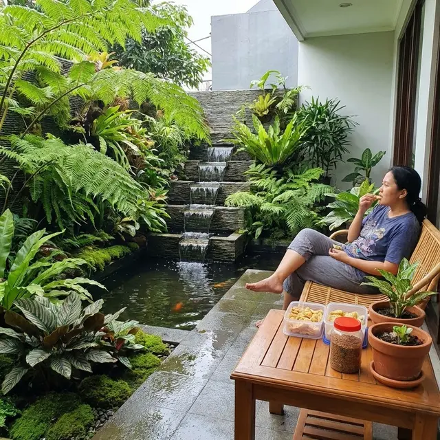 Ide Teras Adem Kombinasi Tanaman Hias dan Kolam Mini