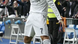 Ekspresi Cristiano Ronaldo saat merayakan golnya ke gawang Athletic Bilbao pada lanjutan La Liga Spanyol pekan ke-24 di Stadion Santiago Bernabeu, Madrid, Sabtu (13/2/2016). (Reuters/Andrea Comas)