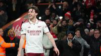 Declan Rice merayakan golnya di laga Bournemouth vs Arsenal di pekan ke-20 Liga Inggris 2025/2026 di Vitality Stadium, Minggu (04/01/2026) dini hari WIB. (AP Photo/Alastair Grant)