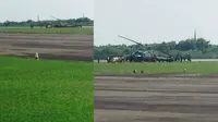 Helikopter TNI jenis Bell 205 jatuh di landasan pacu Bandara Ahmad Yani Semarang, Selasa (21/4/2015). 