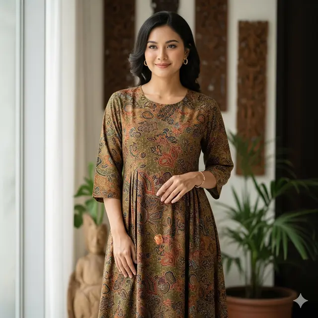 Dress Batik Viscose A-Line dengan Aksen Lipatan