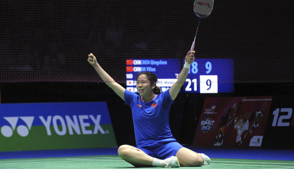 8. Jia Yifan - Ekspresi kegembiraan Jia Yifan usai memenangkan rally panjang saat meladeni perlawanan Mayu Matsumoto/Wakana Nagahara di final All England 2019. (AP Newsroom)