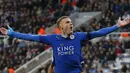 Striker Leicester City, Jamie Vardy, akan menebar ancaman bagi pertahanan MU pada laga Liga Inggris malam nanti. (AFP Photo/Lindsey Parnaby)