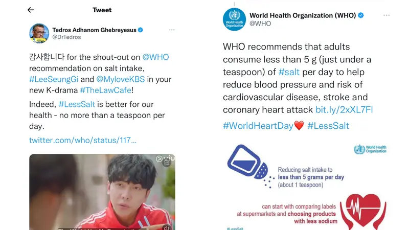 Unggahan bos WHO mengapresiasi Lee Seung Gi soal batasan konsumsi garam dalam drakor The Law Cafe. (Sumber: Twitter / @DrTedros)