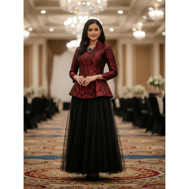 Setelan Brokat Burgundy dan Rok Tile Hitam