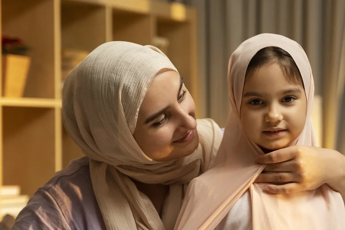 Ilustrasi muslim, ibu dan anak perempuan