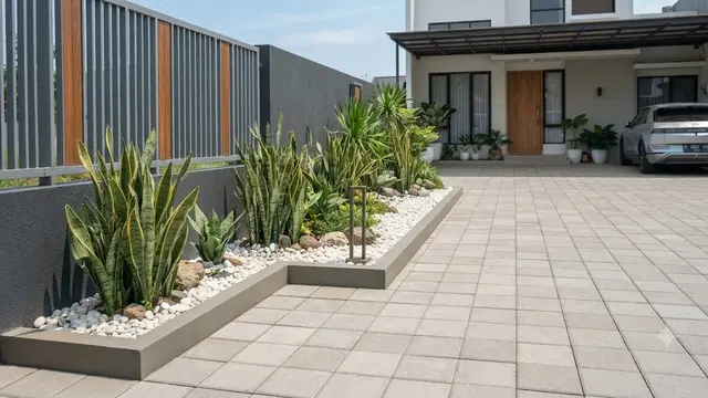 Paving Kotak dengan Pulau Tanaman (AI Generated)
